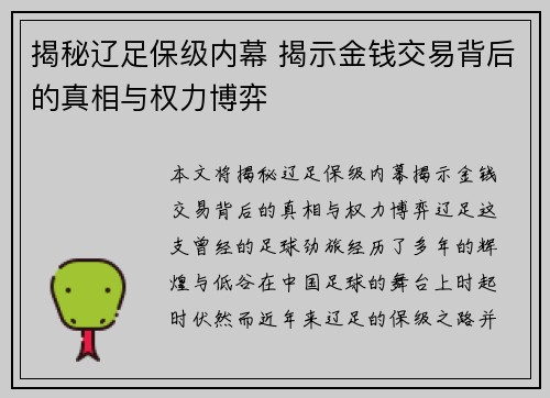 揭秘辽足保级内幕 揭示金钱交易背后的真相与权力博弈